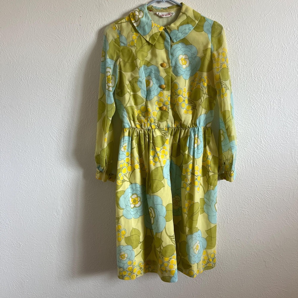 Vintage 60s Floral Dress Long Sleeve Blue Yellow Small Medium romantic Boho - Picture 11 of 12